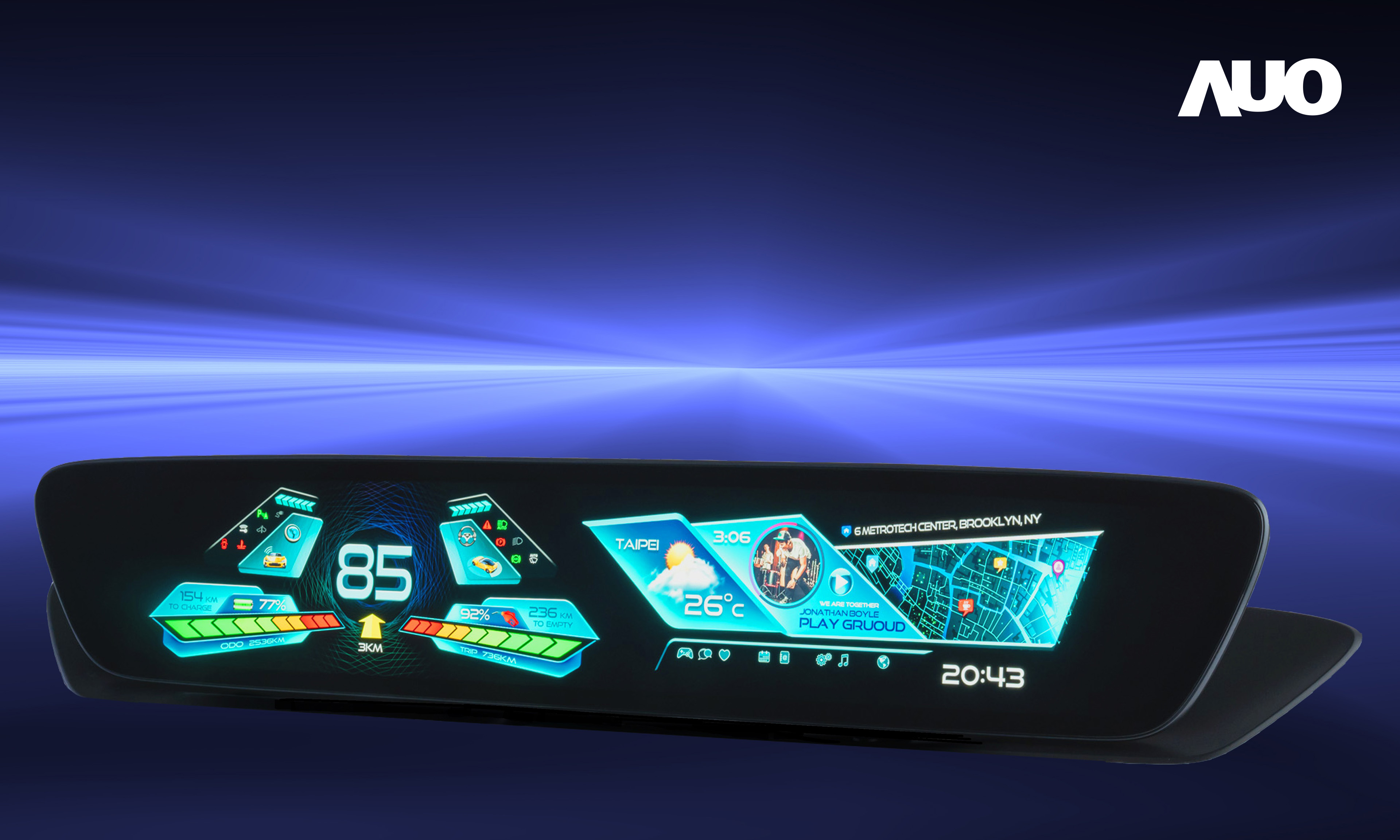 友達30.4吋異形曲面AmLED車載顯示系統，為一兼具儀表板及中控台人機介面的創新車載顯示系統，結合美學設計，提升車內科技沉浸感及使用體驗，讓車載顯示的未來應用更加多元化