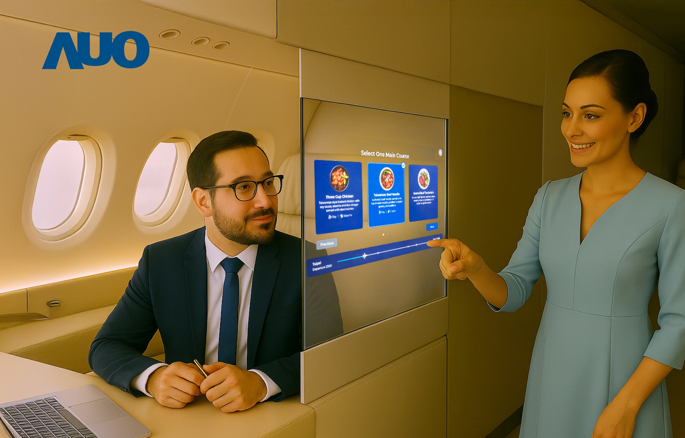 友達研發全球最薄17.3 吋雙面透明 Micro LED 顯示器，可在同一螢幕之雙邊投射不同資訊，創造獨特的「透明化」互動；圖為即時翻譯交流應用情境