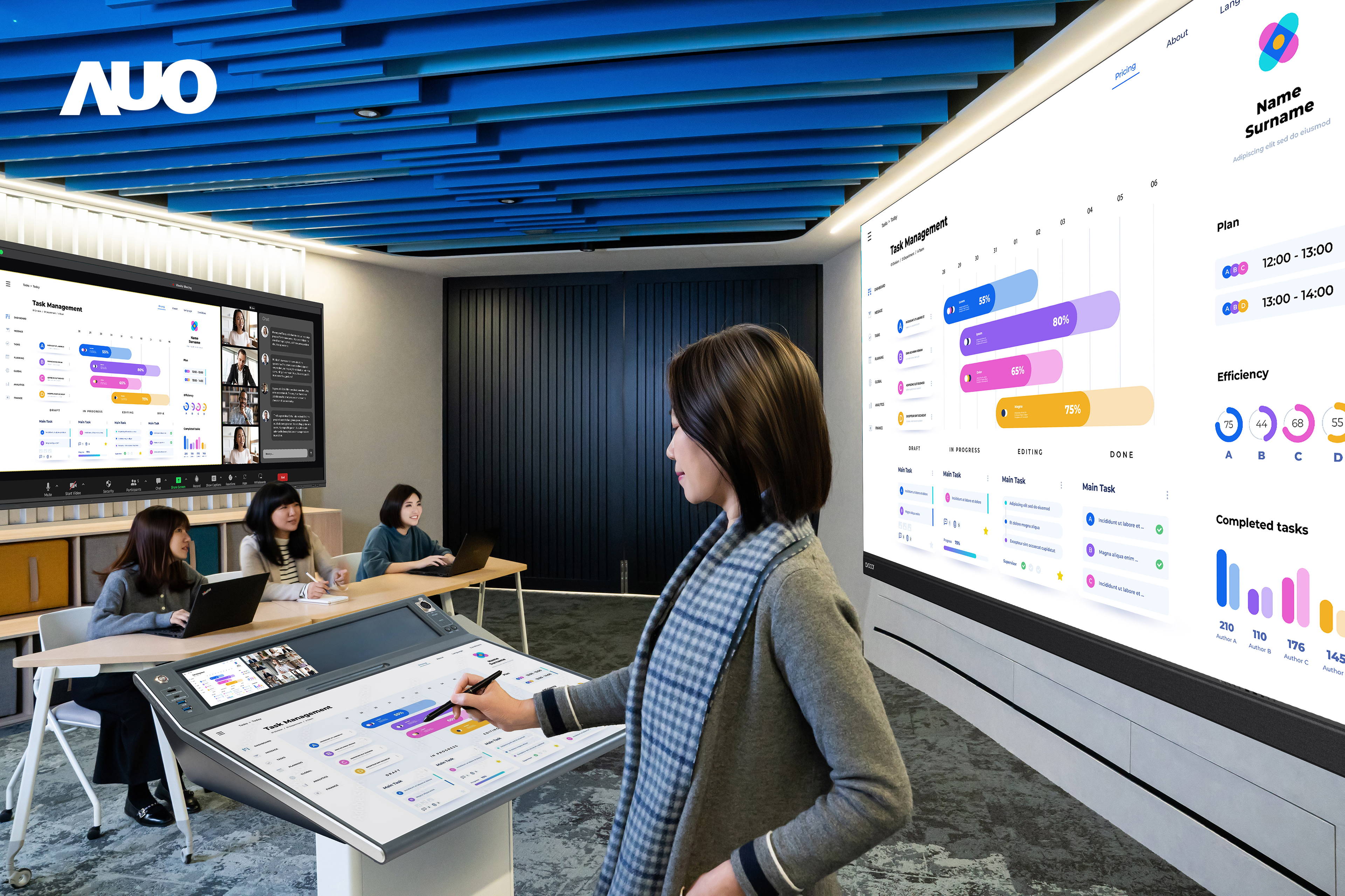 達擎攜手Avocor與Rise Vision展示全方位商務領域應用，包含採用模組化設計的138吋一體式All-in-One LED顯示器及具21:9超寬比例的92吋互動式電子白板（IFPD），講者可輕鬆分享內容，有效提升會議協作效率。